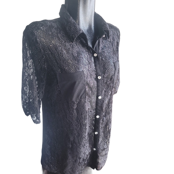 Champagne Black Lace Cropped Sleeve Top M - Picture 3 of 7